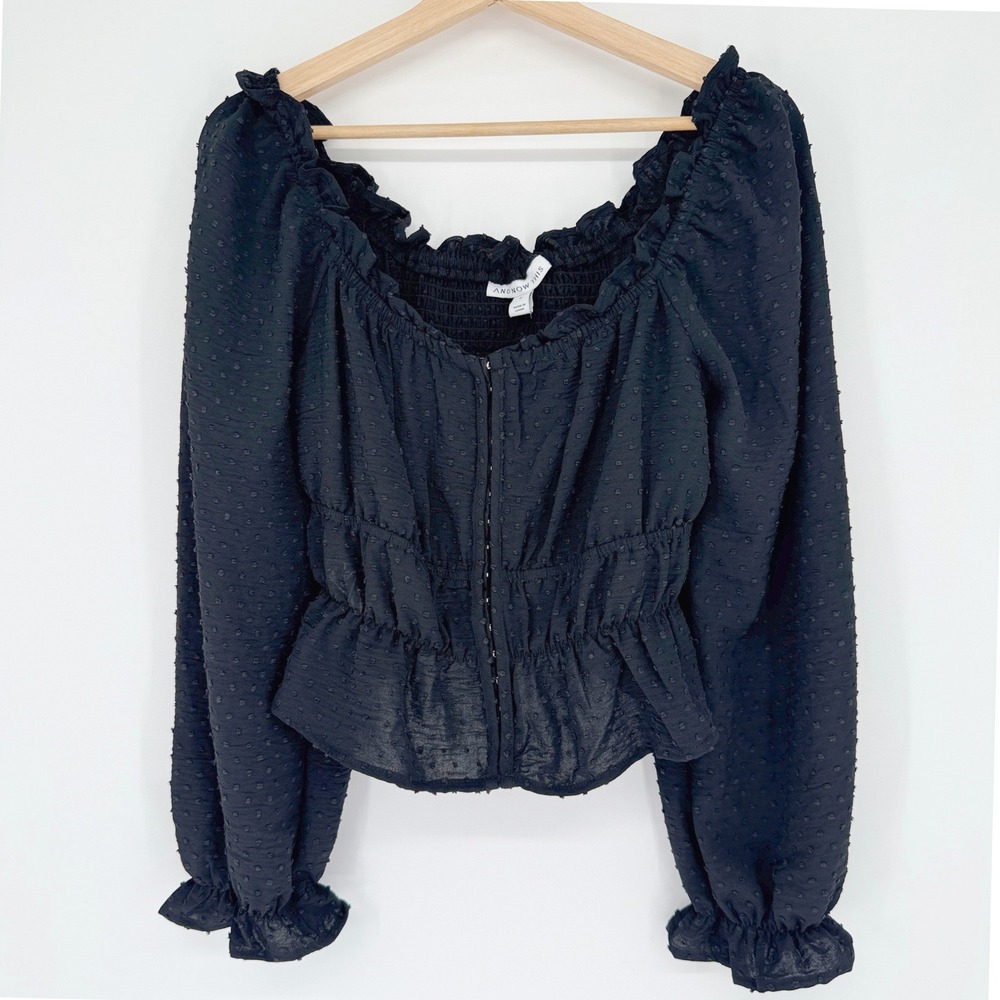 Swiss Dot Milkmaid Peasant Top Sz S Black Hook Eye Puff Sleeve Cottage Ren Faire